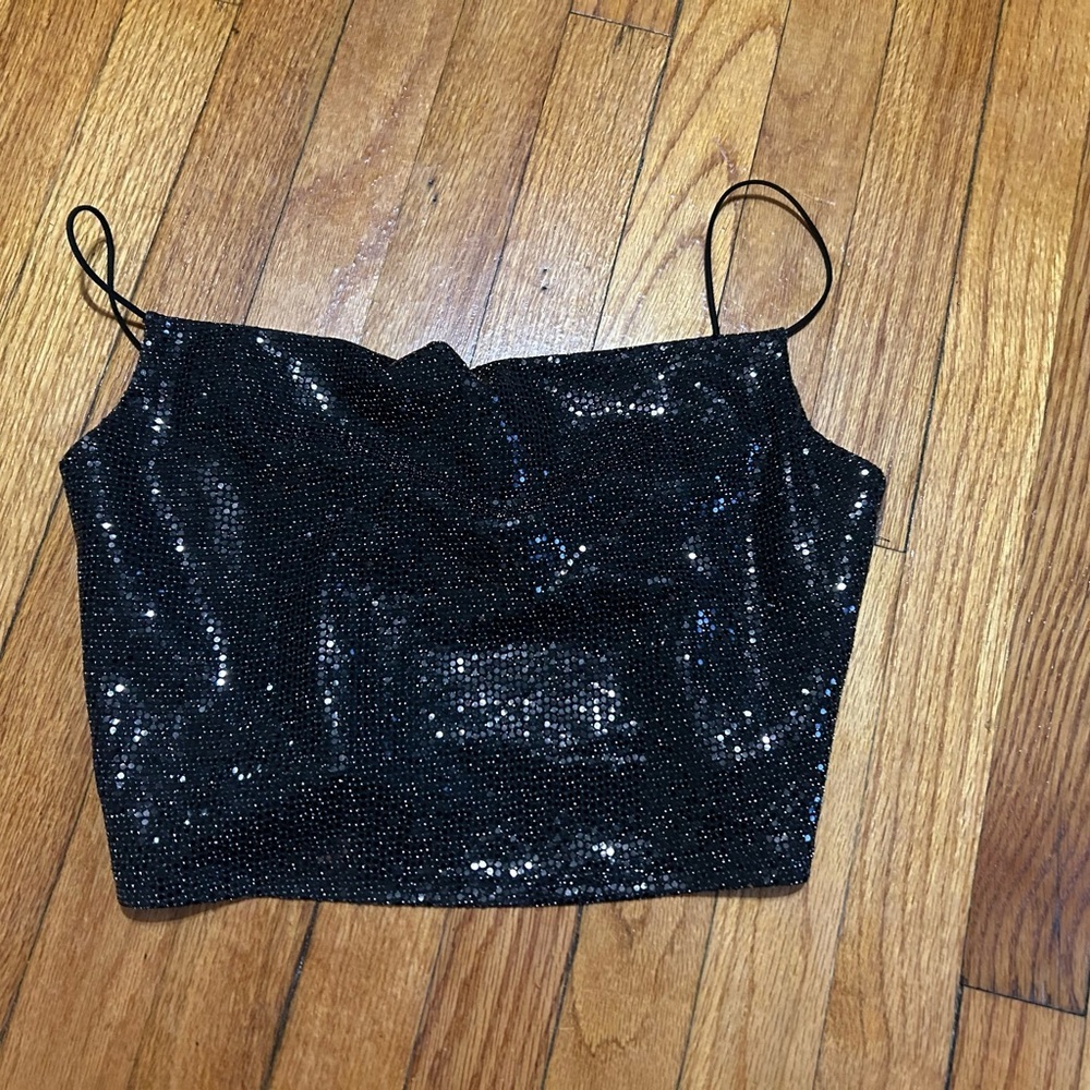 Forever 21 Women's Black Sequin Crop Top Disco Party Dance Night Club Size Small